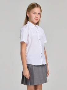 Camisa formal para niñas con botones transparentes, diseño plisado y borde inferior redondeado para uniforme escolar y actuación en primavera/verano. - Blanco - Ver 8