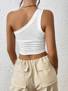 SHEIN EZwear 休閒白色單肩收緊短款上衣 - 白色 - 查看 2