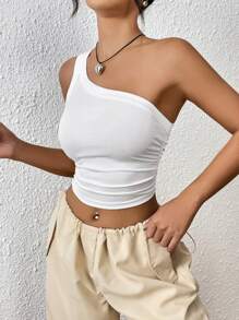 SHEIN EZwear 休閒白色單肩收緊短款上衣 - 白色 - 查看 6