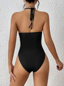 SHEIN EZwear Solid Halter Neck Backless Black Cami Bodysuit - Black - View 2