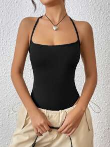 SHEIN EZwear Solid Halter Neck Backless Black Cami Bodysuit - Black - View 4