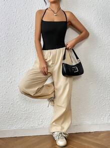 SHEIN EZwear Solid Halter Neck Backless Black Cami Bodysuit - Black - View 5