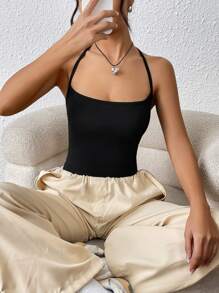 SHEIN EZwear Solid Halter Neck Backless Black Cami Bodysuit - Black - View 6