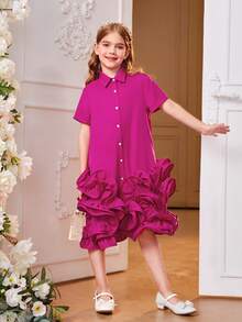 SHEIN 女孩素色荷葉邊前紐扣襯衫洋裝 - 玫紅色 - 查看 5