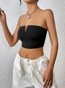 SHEIN EZwear Áo nữ màu trơn Gợi cảm - màu đen - Xem 5