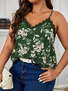 SHEIN Frenchy 大碼印花鏤空蕾絲花邊吊帶上衣 - 綠色 - 查看 1