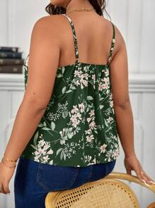 SHEIN Frenchy 大碼印花鏤空蕾絲花邊吊帶上衣 - 綠色 - 查看 2