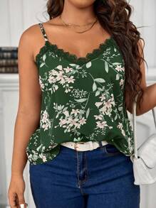 SHEIN Frenchy 大碼印花鏤空蕾絲花邊吊帶上衣 - 綠色 - 查看 4