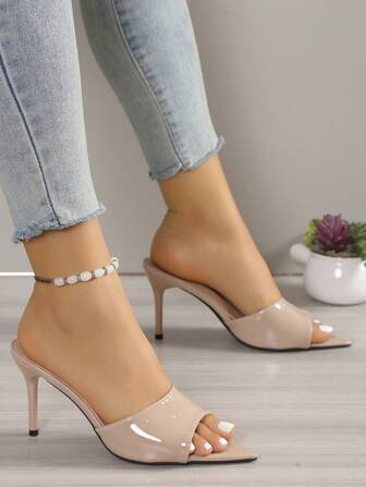 女士極簡穆勒細跟優雅涼鞋杏