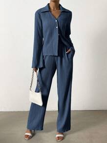SHEIN Essnce Women Two-piece Outfits Tombol Depan Plain Casual - Royal Blue - View 3