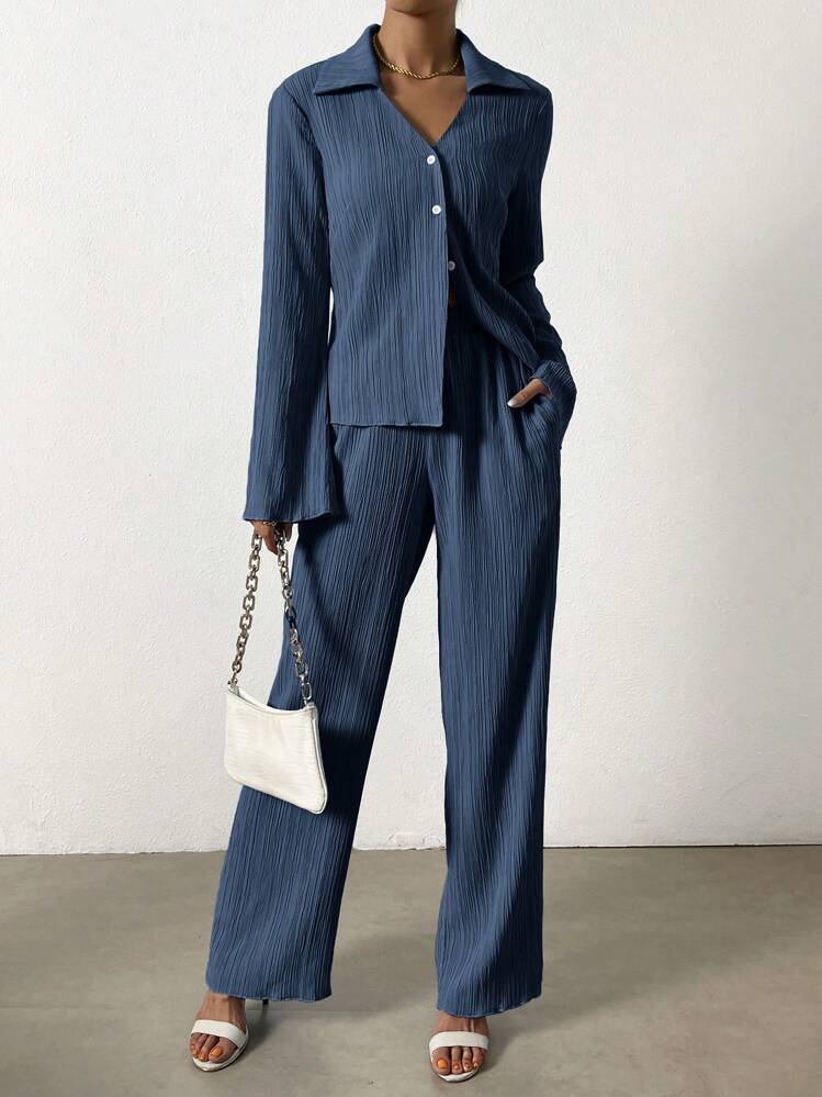 SHEIN Essnce Solid Button Front Shirt & Wide Leg Pants - Royal Blue - View 3