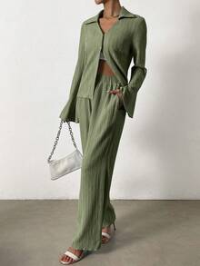 SHEIN Essnce unicolor con botón delantero Camisa & Pantalones de pierna ancha - Verde - Ver 3