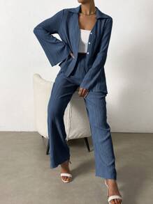 SHEIN Essnce Women Two-piece Outfits Tombol Depan Plain Casual - Royal Blue - View 5