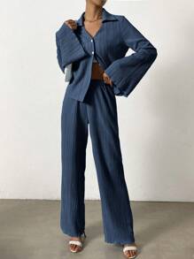 SHEIN Essnce Women Two-piece Outfits Tombol Depan Plain Casual - Royal Blue - View 6