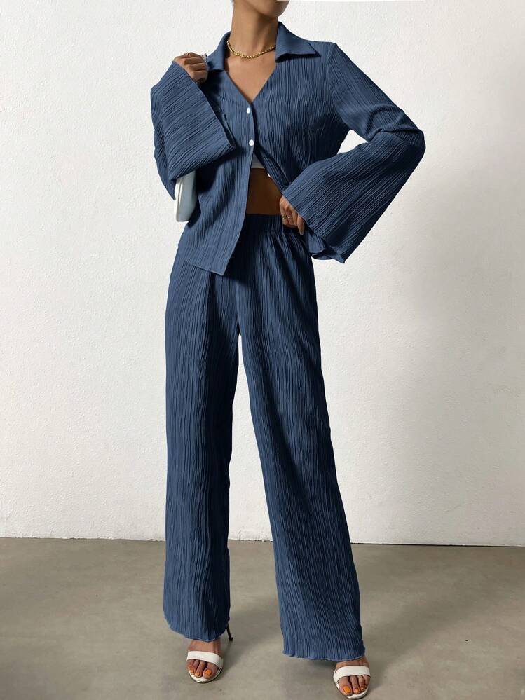 SHEIN Essnce Solid Button Front Shirt & Wide Leg Pants - Royal Blue - View 6