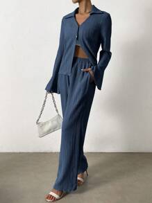 SHEIN Essnce Women Two-piece Outfits Tombol Depan Plain Casual - Royal Blue - View 7