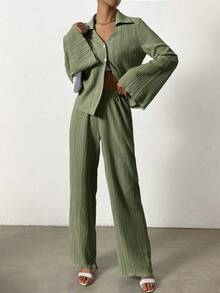 SHEIN Essnce unicolor con botón delantero Camisa & Pantalones de pierna ancha - Verde - Ver 6