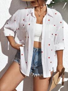 SHEIN Frenchy 大碼愛心刺繡落肩袖口袋貼布襯衫 - 白色 - 查看 6