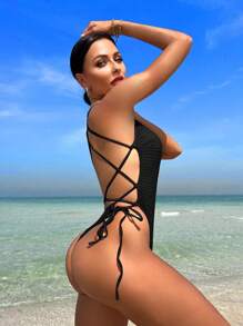 SHEIN Swim Badeanzug mit Kreuzgurt, rückenfrei seitlichem Band,