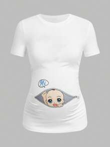 SHEIN Maternity Cartoon Baby Print Curved Hem Tee - White - View 1