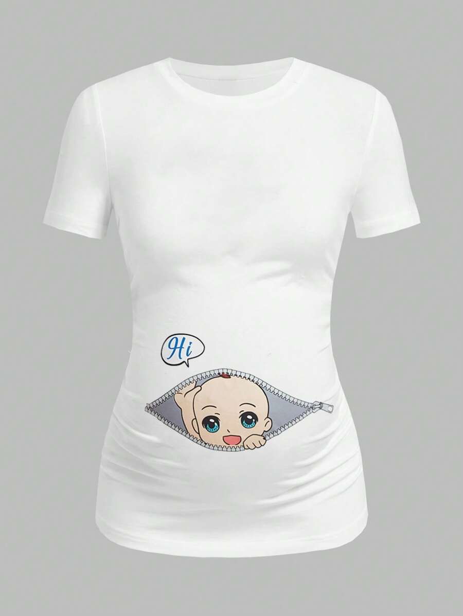 SHEIN Maternity Cartoon Baby Print Curved Hem Tee - White - View 1
