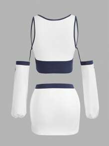 SHEIN ICON 字母貼布撞色滾邊上衣帶臂套和開衩短裙 - 白色 - 查看 2