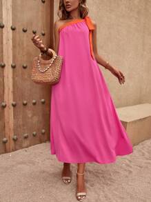 SHEIN VCAY Đầm Thắt nút Khối Màu Giải trí - Màu Hồng Tươi - Xem 1