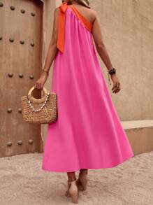 SHEIN VCAY Đầm Thắt nút Khối Màu Giải trí - Màu Hồng Tươi - Xem 2