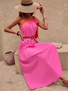 SHEIN VCAY Đầm Thắt nút Khối Màu Giải trí - Màu Hồng Tươi - Xem 4