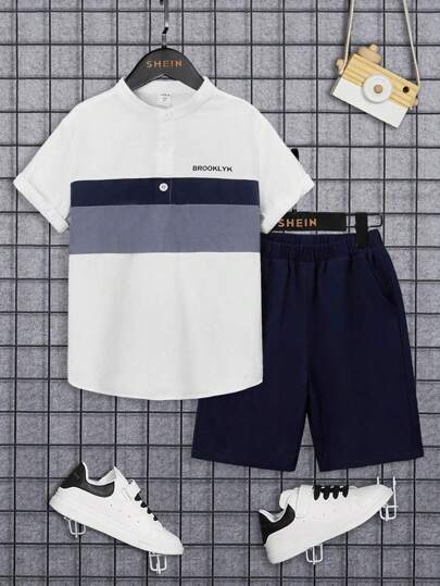 SHEIN Tween Boy Letter Graphic Colorblock Shirt & Shorts