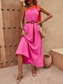 SHEIN VCAY Đầm Thắt nút Khối Màu Giải trí - Màu Hồng Tươi - Xem 5