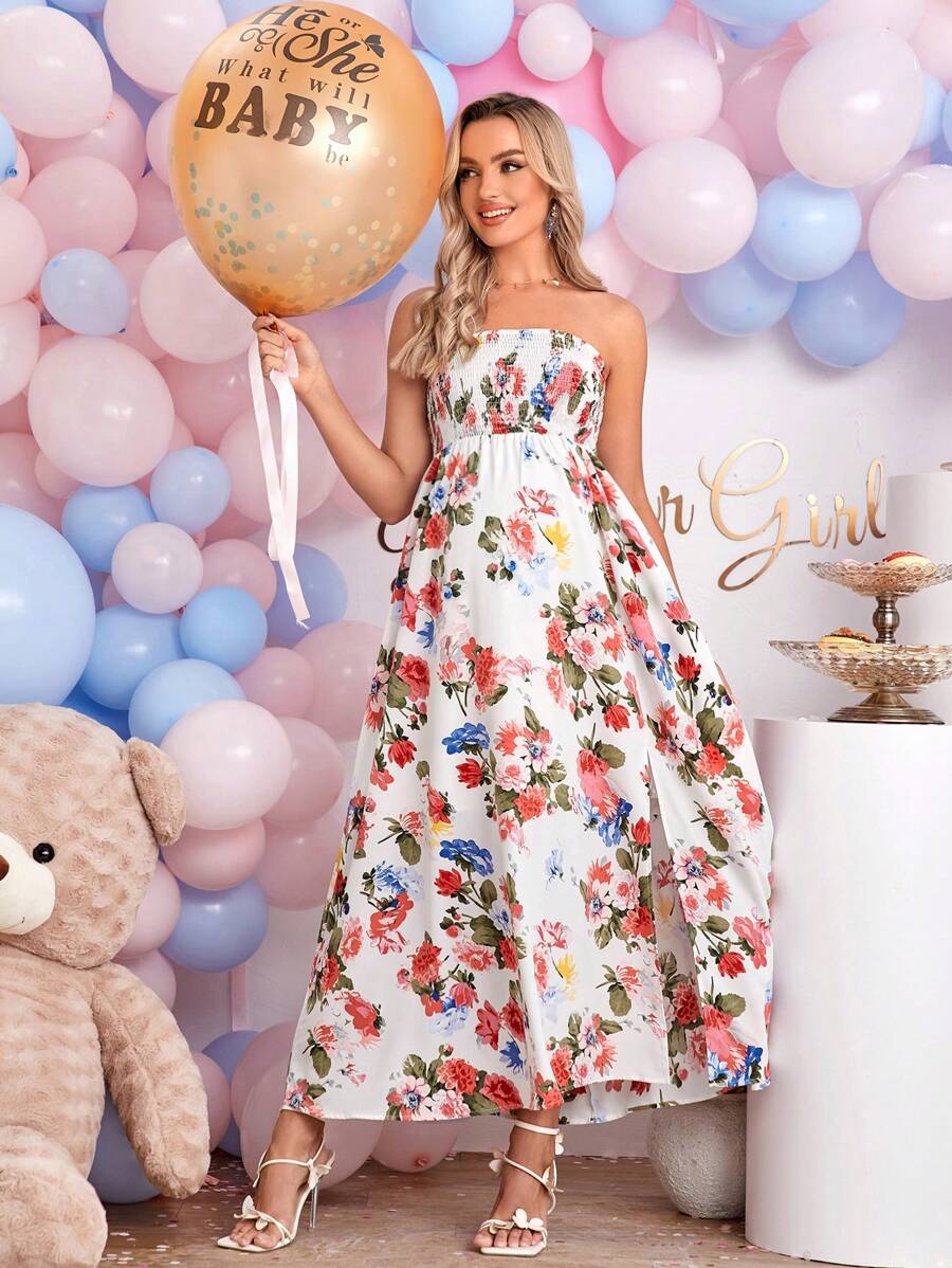 SHEIN 孕婦印花高衩抹胸連衣裙 - 彩色 - 查看 1