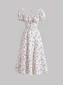 SHEIN MOD Ditsy Floral Print Ruched Bust Puff Sleeve Summer Long Milkmaid Dress