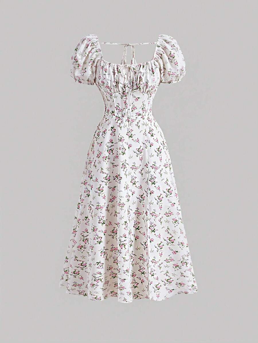 SHEIN MOD Ditsy Floral Print Ruched Bust Puff Sleeve Summer Long Milkmaid Dress