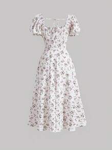 SHEIN MOD Ditsy Floral Print Ruched Bust Puff Sleeve Summer Long Milkmaid Dress