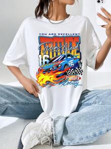 SHEIN Coolane Áo phông Quá khổ Đồ họa ô tô và khẩu hiệu Thả vai - trắng - Xem 4