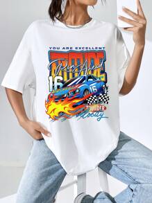 SHEIN Coolane Áo phông Quá khổ Đồ họa ô tô và khẩu hiệu Thả vai - trắng - Xem 5