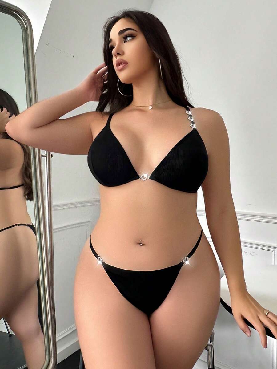 Plus Rhinestone Detail Triangle Bra & Panty Thong Lingerie Set - Black - View 1