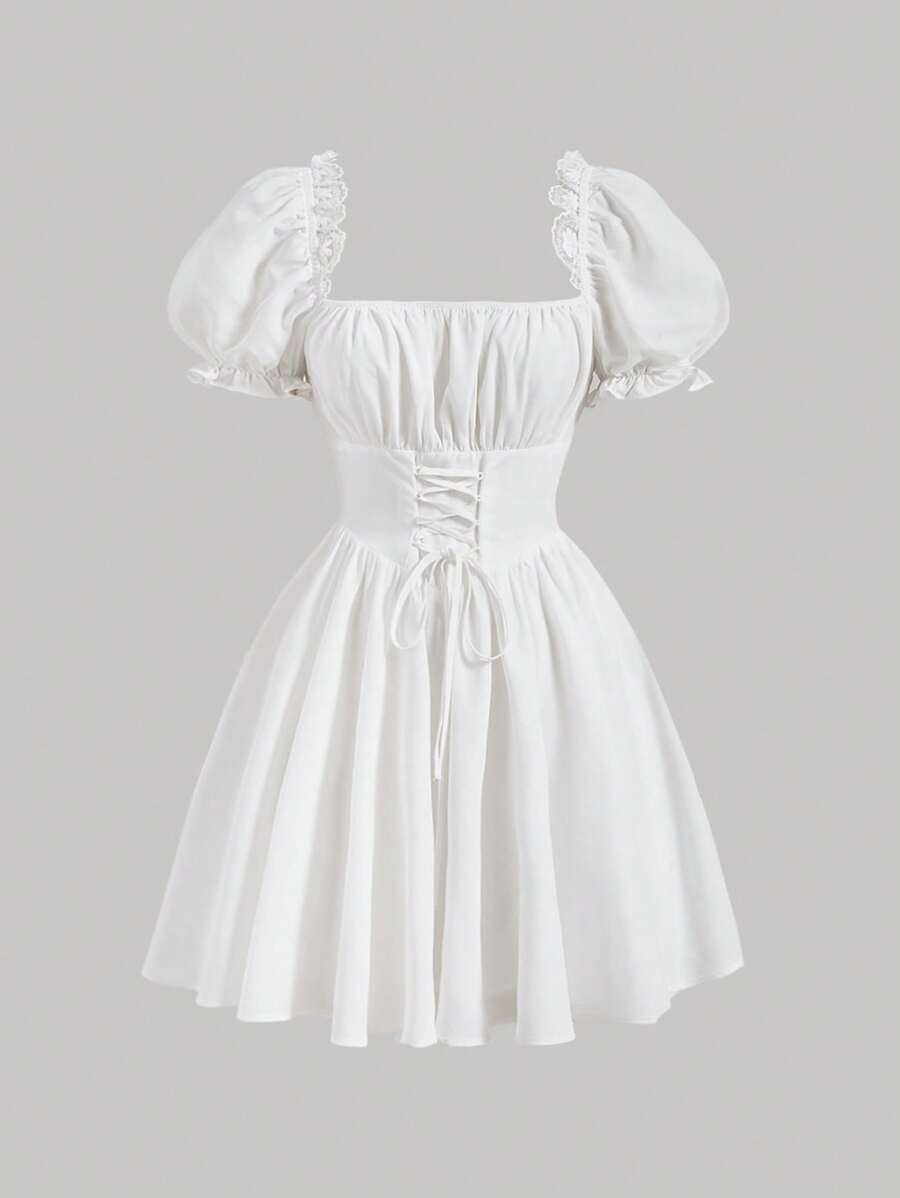 SHEIN MOD 胸部褶皺前繫帶泡泡袖連衣裙 - 白色 - 查看 1