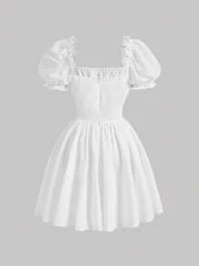 SHEIN MOD 胸部褶皺前繫帶泡泡袖連衣裙 - 白色 - 查看 2