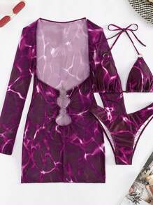 Swim SXY Summer Beach Marble Print Ring Linked Halter Triangle Bikini Set With Cover Up - Multicolor - View 3