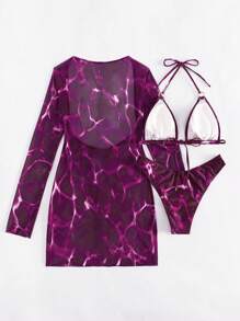 Swim SXY Summer Beach Marble Print Ring Linked Halter Triangle Bikini Set With Cover Up - Multicolor - View 4