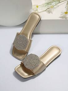 Dép đế bằng kim loại trang trí bằng kim loại cho nữ, Dép trượt thủy tinh quyến rũ - Vàng - Xem 4