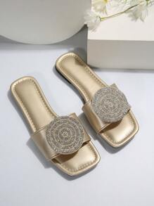 Dép đế bằng kim loại trang trí bằng kim loại cho nữ, Dép trượt thủy tinh quyến rũ - Vàng - Xem 6