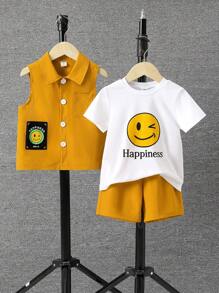 SHEIN 男孩字母圖案背心夾克+短褲+t恤 - 彩色 - 查看 6