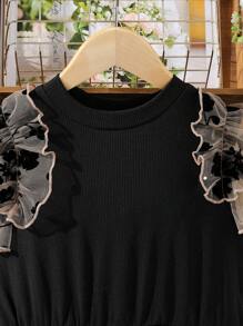 Tween Girl Floral Print Contrast Mesh Ruffle Trim Dress,Holiday Summer Travel - Multicolor - View 6