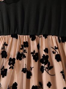 Tween Girl Floral Print Contrast Mesh Ruffle Trim Dress,Holiday Summer Travel - Multicolor - View 8