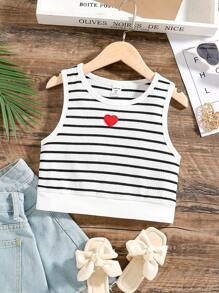 SHEIN Camiseta De Tirantes Para Niñas Jóvenes Con Rayas Y Corazones Impresos