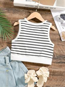 SHEIN Camiseta De Tirantes Para Niñas Jóvenes Con Rayas Y Corazones Impresos
