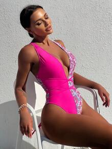 夏季花卉印花低胸交叉结连体泳衣 - 玫紅色 - 查看 3